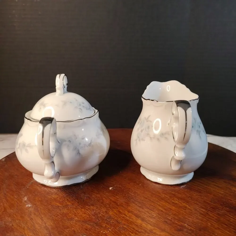 MIKASA Barbizon Pattern Sugar Bowl Dish w/ Lid & Creamer Blue Flowers Silver Rim